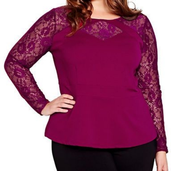 Love & Legend burgundy lace sleeved peplum shirt, 1x - Picture 2 of 2